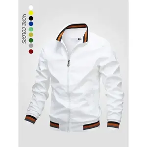 Men's Striped Trim Zip Up Varsity Jacket, Regular Fit Long Sleeve Pocket Baseball Jacket, Windbreaker Bomber Jacket, National Day Clothing,?Men's Spring Clothing