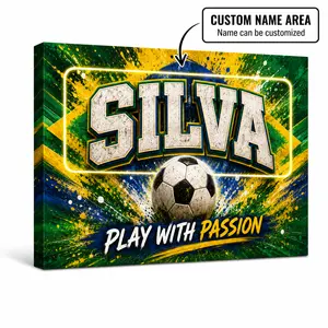 Personalized Soccer Canvas Wall Art , Custom Name Sports Poster Print, Green Yellow Blue Game Day Wall Decor, Ready to Hang Canvas with Pine Wood Frame for Boys