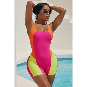 Amy Colorblock Boyshort Romper 1 Piece Swimsuit - Hot Pink/combo