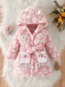 Toddler Girl's Cartoon Bear Embroidery Belted Hooded Flannel Coat, Cute Long Sleeve Pocket Outerwear for Fall & Winter, Kids Clothes for Daily Wear, Baby Clothes Girl