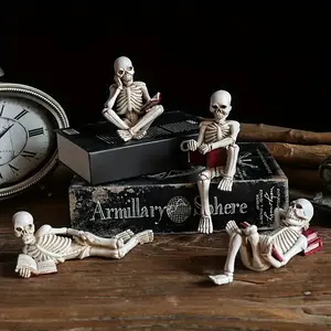 Halloween Skeleton Reading Figure Resin Ornament, Creative Home Decor for Bookshelves & Party Displays, Unique Halloween Decoration Accessory