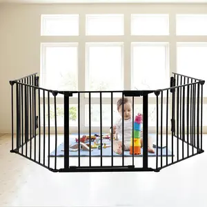 118inch Extra Wide Black Baby Gate with Door, Metal Long Baby Fence, Tall Pet Dog Gates for House Stairs Doorways,10ft Child Safety Fence Fireplace Christmas Tree,Indoor Outdoor, 5-Panel