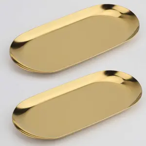2 Pack 7 Inch Gold Oval Stainless Steel Decorative Tray Jewelry Dish Cosmetics Organizer Small Serving Platter for Bathroom Vanity Storage Durable Mirror Polishing Process