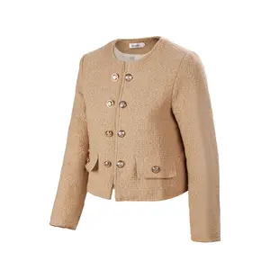Women's Tweed Cropped Jacket -Elegant Double-Breasted Short Blazer with Decorative Gold Buttons, Round Neck, Long Sleeve, Chic Lightweight Outerwear