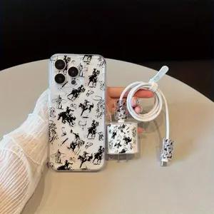 Western Cowboy Pattern Clear Protective Phone Case with Charger Head Cover & Cable Protector & Storage Rope, Anti-drop Phone Case for iPhone, Casing, Phone Accessories