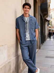 Men's Blue Textured 2-Piece Loungewear Pajama Set - Short Sleeve Button-Down Shirt & Drawstring Waist Pants, Soft Breathable Fabric, Relaxed Fit for At-Home Lounging, Lazy Weekends & Casual Evenings Outfit Homewear Pjs Soft Fabric Menswear