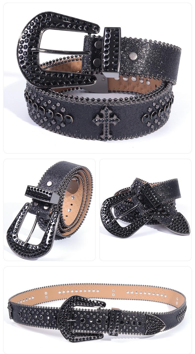 Unisex Crocodile Pattern Belt with Rhinestone Decorative Buckle Cross Pendant New Street Fashion Denim Belt Adjustable for Most Waist Sizes