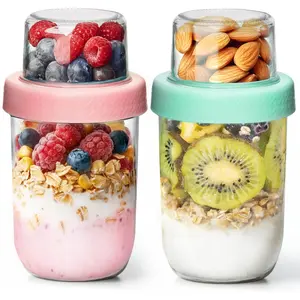 2-Pack 16 oz Overnight Oats Containers with Lids, Dual-Laryer Chia Pudding Jars with Dry and Wet Separation, Yogurt Parfait Cups for Oatmeal Cereal Nut Fruit, Meal Prep Glass Jars for Salad