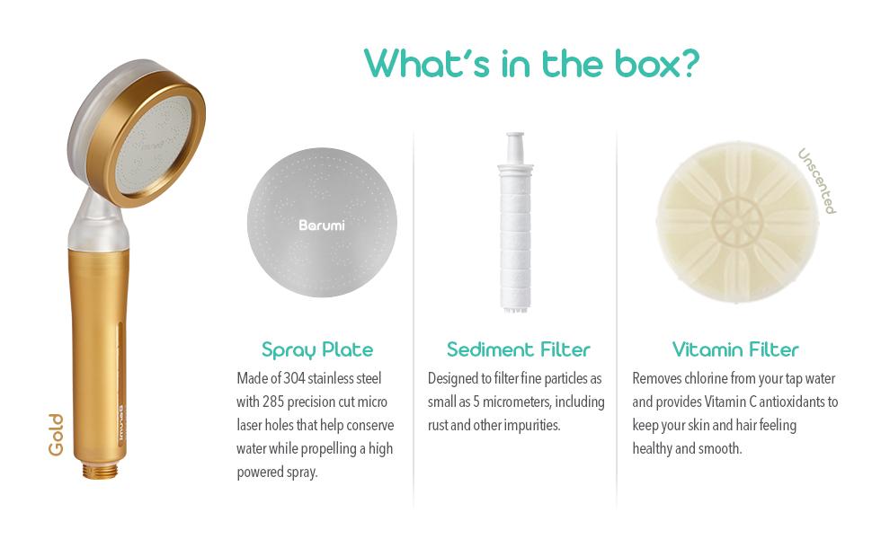 Barumi Pluo Handheld Filtered Shower Head - Gold Finish, Vitamin C Filter for Healthy Skin & Hair, High Pressure Soft Spray, Dual Filtration Removes Chlorine & Impurities, Gentle Shower for Pets