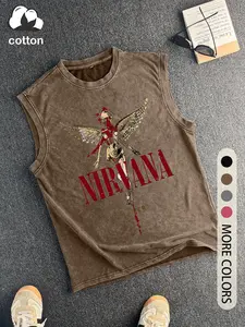 Dark angel print retro distressed men's vest, round neck, trendy sleeveless top, suitable for music lovers, men's summer wear.