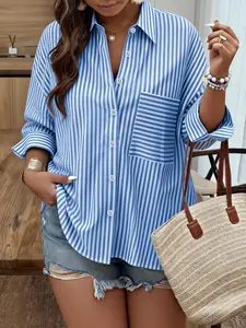 Plus Size Women’s Striped Button-Down Shirt – Relaxed Fit with Puff Sleeves, Perfect for Beach Vacations or Casual Office Days!This Versatile Top Can Be Style