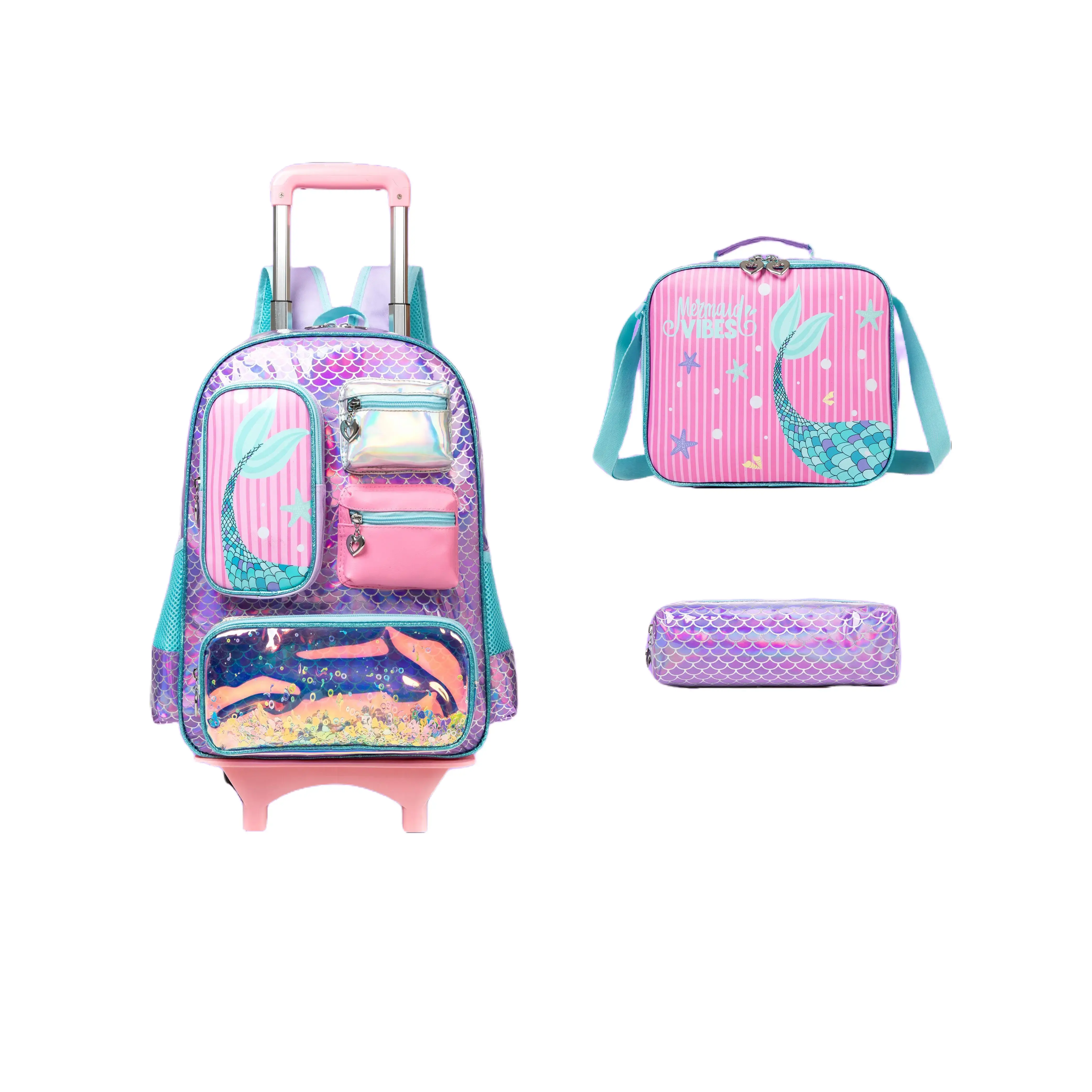 Girls' 3-Piece Holographic Mermaid Scale Rolling Backpack Set - Water-Resistant Bag Design Backpack with Lunch Box & Pencil Case, Cute Stylish Durable Nylon Daypack, Artsy Chic Back to School Bag, Cute Stylish Daypacks, Artsy Bag