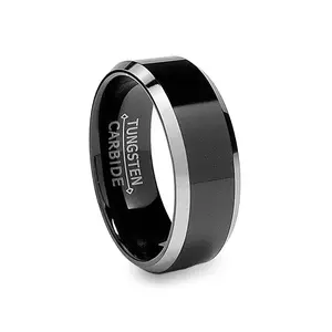 Men's 8MM Flat Top Two Tone Black Tungsten Ring Wedding Band Sizes 5 to 15
