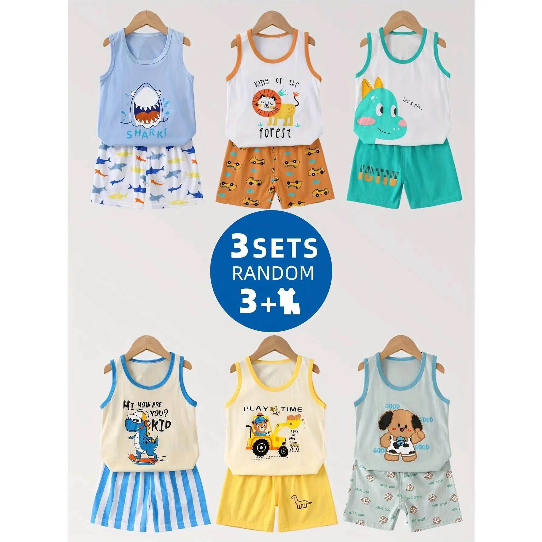3-Pack Boys' Casual Tank Top & Shorts Set with Playful Animal Prints, Lightweight & Soft Breathable Fabric for Summer Play Wear, Clothes, Three-Piece Boys' Sets