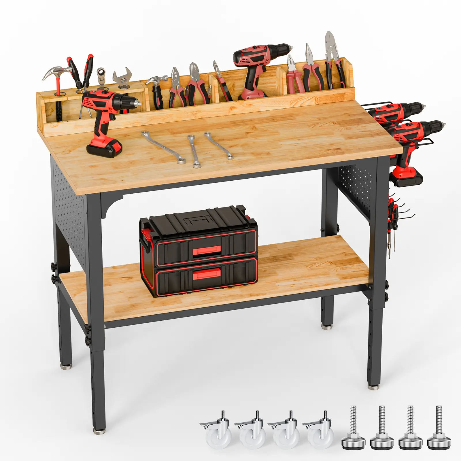 48 Inch Heavy Duty Adjustable Height Workbench 2200 LBS Capacity with Pegboard, Power Outlet, Wheels, Cable Management & Storage Shelf for Workshop Warehouse Garage work table home office