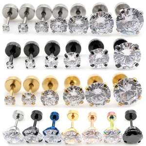 Alisouy 2pcs Black Stainless steel Women Men 4 Prong Round Crystal Zircon Ear Studs Earrings Tragus Cartilage Piercing Jewelry