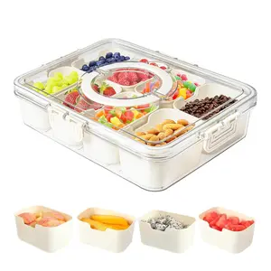 Snack Boxes For Travel, Snackle Box Container, Dishwasher Safety - Divided Serving Tray with Lid and Handle, Charcuterie Board for Portable Snack Platters - Clear Organizer for Fruits Snacks, Plastic Fruit Storage, Perfect for Road Travel
