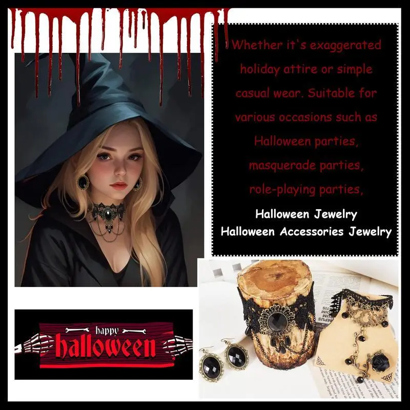 Black Choker Earrings Bracelet Set Witch Costume Women Gothic Accessories Vintage Goth Ring Gloves Vampire Necklace Black Choker Earrings Bracelet Set Witch Costume Women Gothic Accessories Vintage Goth Ring Gloves Vampire Necklace