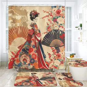 4-Piece Vintage Floral Japanese Geisha Bathroom Decor Set - Includes 71x71 Shower Curtain, Bath Mat, Contour Rug, Toilet Lid Cover