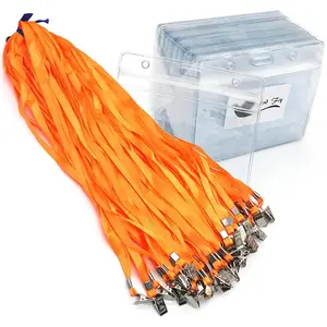 Lanyards with id Holder Name Badges 50 count  Plastic Horizontal Name Tag Badge Id Card and 50 count Lanyard (Orange)