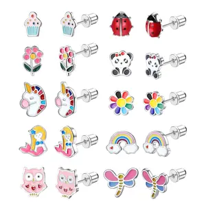 FASACCO 10Pairs Screw Back Earrings for Women Stainless Steel CZ Heart Butterfly Ball Stud Earrings Cat Rainbow Screwback Stud Earrings Charms Cute Summervibes