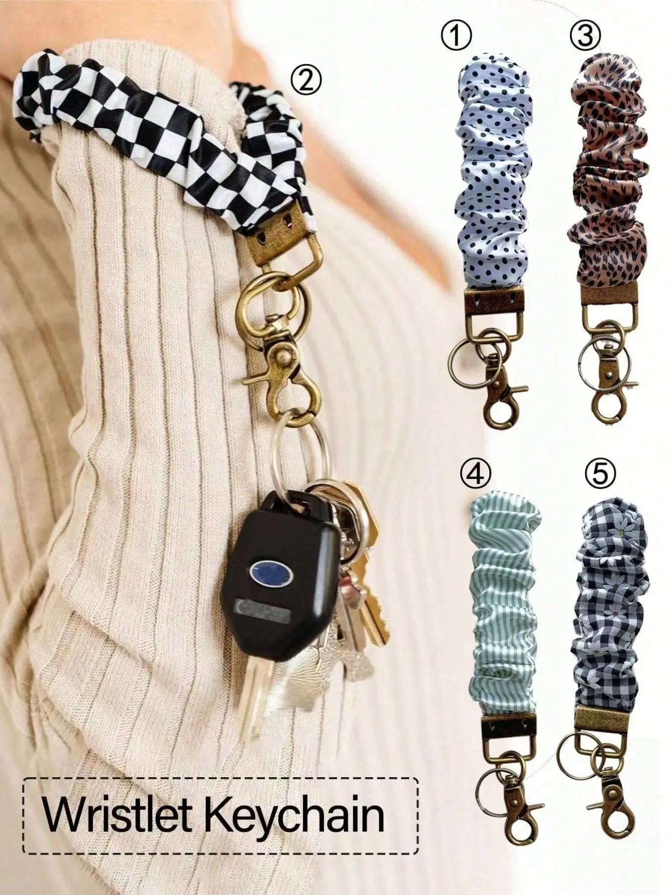Women's wristband keychain, hair tie bracelet key ring, with clasp, elastic wristband, can hang car keys, black and white check pattern, daisy pattern, striped pattern. Women's gift, keychain wristband, women's present Wristlet strap key