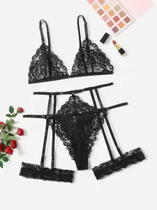 Valentine's Day special edition Lace lingerie two-piece set (without steel rims, thongs), sexy embroidery temptation transparent lingerie high-quality comfortable hot bra set  Halloween