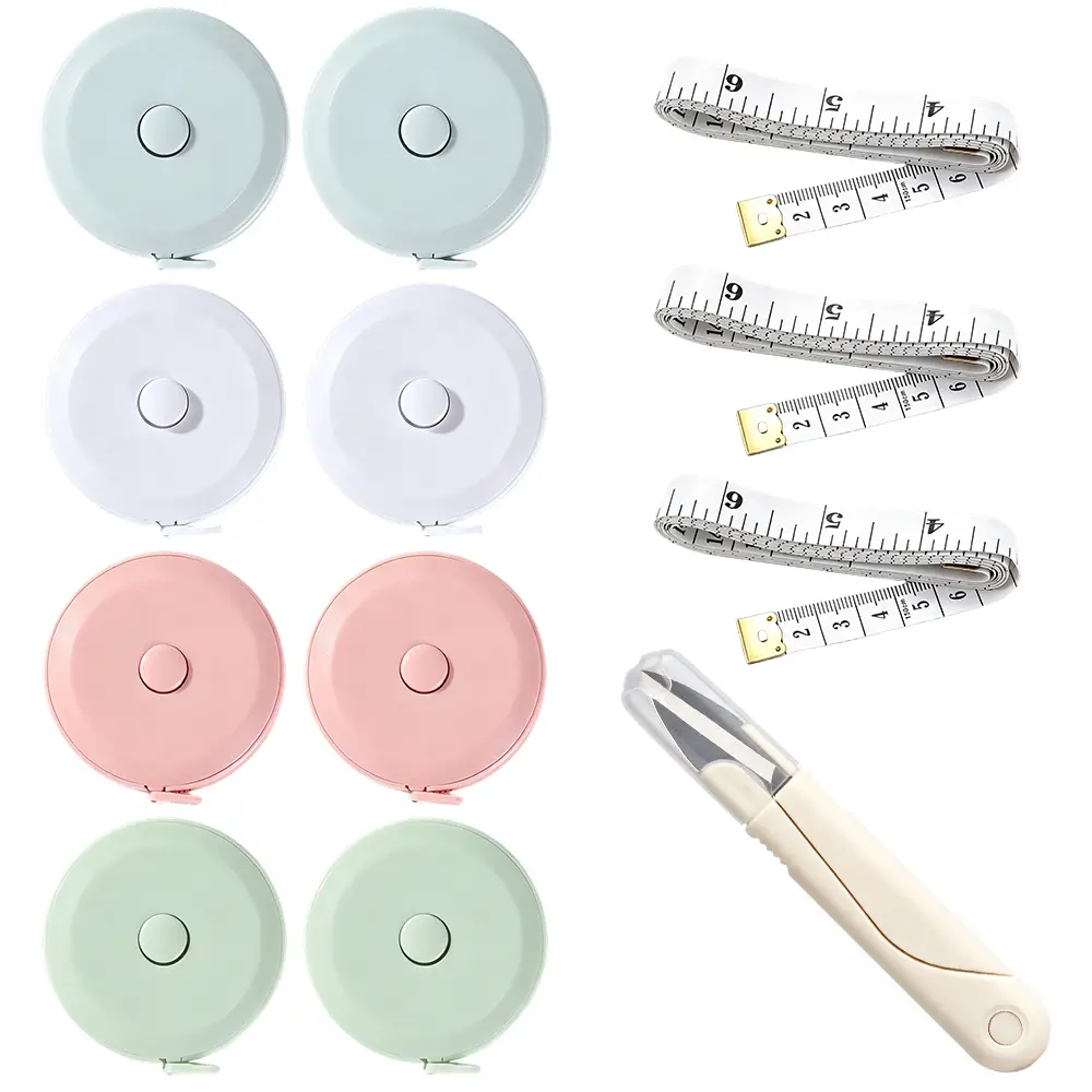 8-Pack 60-Inch Compact Body Measuring Tape with Fiberglass Core, Plastic Shell, Soft Ruler, Scissors, Push Back Feature, Mini Retractable Dual Scale for Sewing, Car Repair Assembly & Disassembly Tasks, Measures Curves