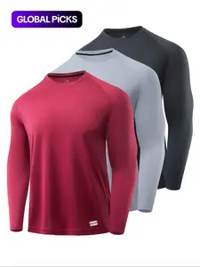 Men's Solid Long Sleeve Sports Tee, Breathable Quick Drying Crew Neck T-shirt, Casual Sporty Top for Gym Workout Running, Breathable Athletic Activewear