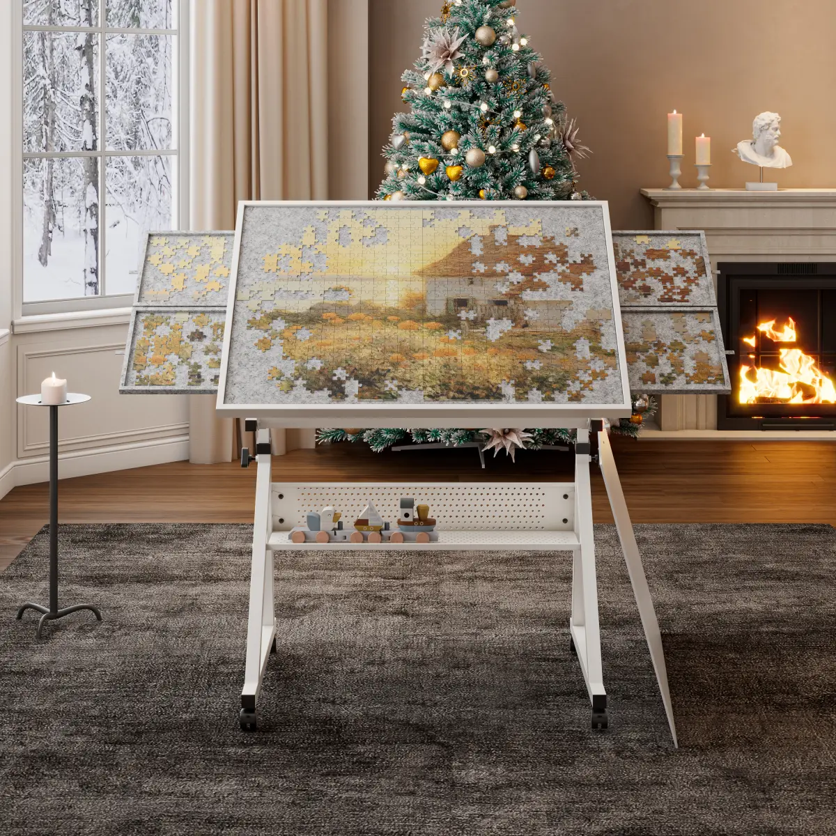 Fabric Surface Adult Jigsaw Puzzle Table with Metal Frame, Adjustable Height, 4 Felt Trays, 1 Large Storage, 4 Universal Wheels for Easy Movement, All Seasons Use, 35.43x23.62x36.00in, 36 lbs - White Best Gift for Puzzle Lovers