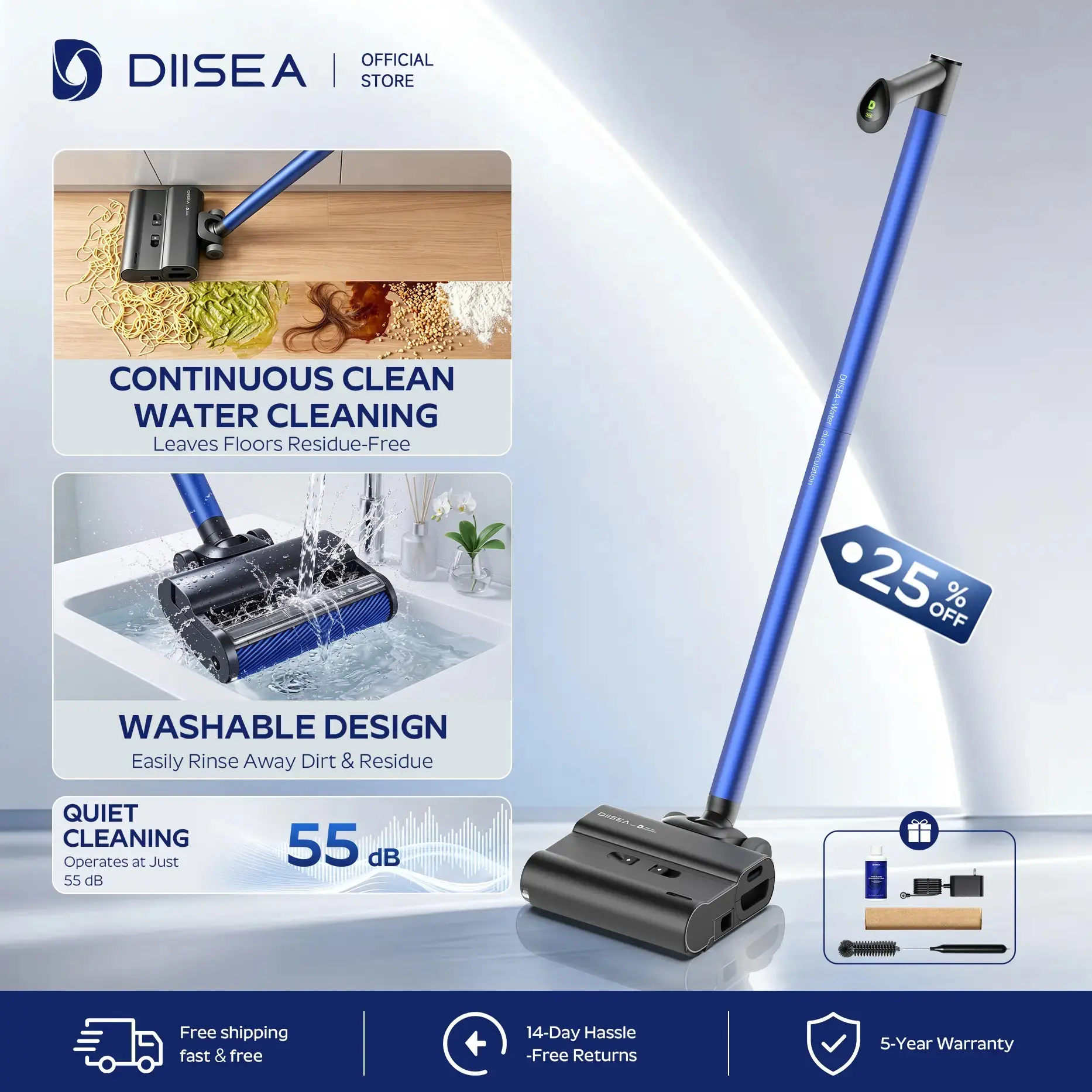 DIISEA D7 Hands-Free Washer | Water-Powered No-Suction Clean | 1/15 Residue Instant Dry Streak-Free | 3-Way Separation No Odor | IPX6 Rinse-Clean | 8cm Flat Recline | 3kg Light Push | 55dB Quiet | 60min Runtime | Tangle-Free