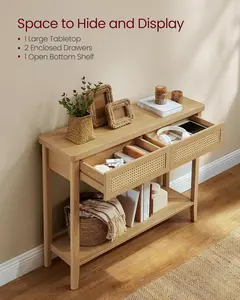 Console Sofa Table, Narrow Entryway Table, 2 Drawers, Open Storage Shelf, Rounded Corners, for Living Room, Boho Style, Oak Beige