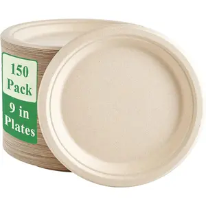 150 Pack 9-inch Compostable Paper Plates, Heavy-Duty, Biodegradable, Eco-Friendly Sugarcane Bagasse