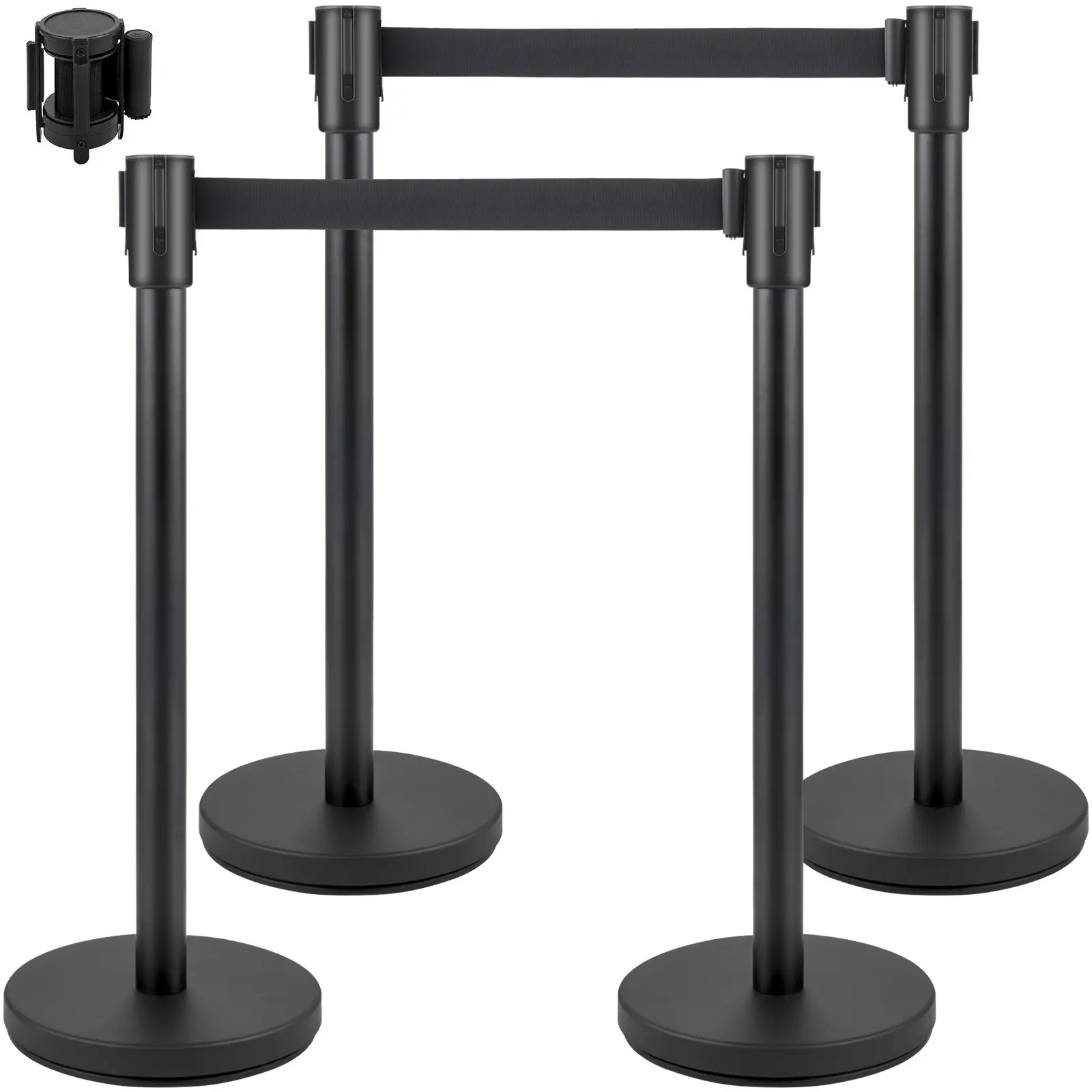 VEVOR 4-Piece Outdoor Crowd Control Stanchion Set, 6.6 ft/2 m Black Retractable Belt, Concrete-Metal Base, Easy Connect Assembly