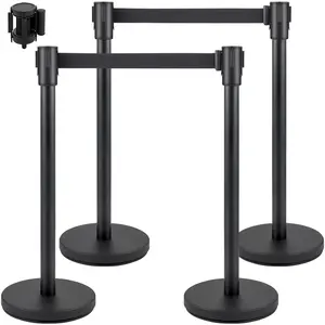 VEVOR Crowd Control Stanchion,  Set of 4 Pieces Stanchion Set, Stanchion Set with 6.6 ft/2 m Black Retractable Belt, Black Crowd Control Barrier with Concrete and Metal Base - Easy Connect Assembly