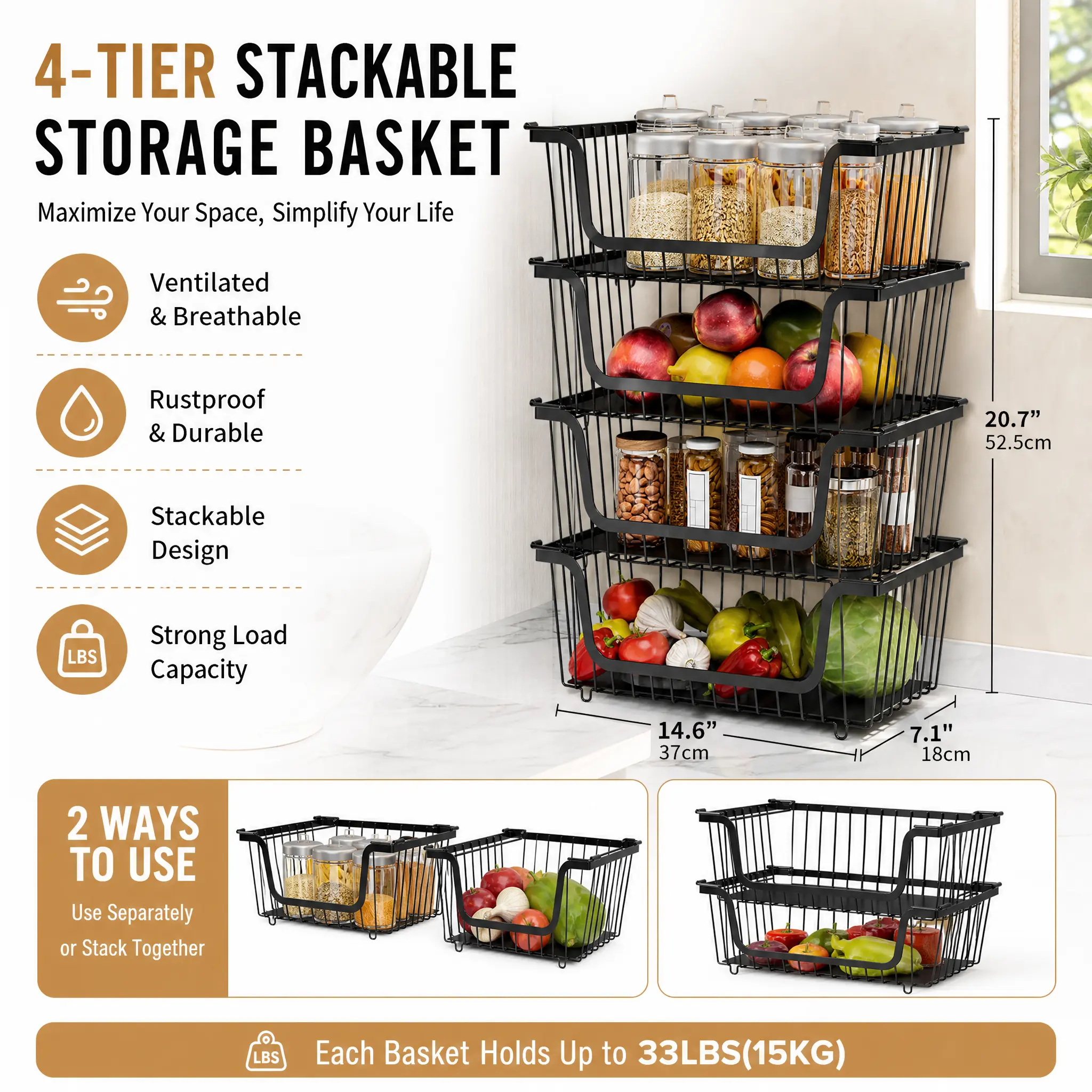 Matte Black Metal 4-Tier Stackable Wire Storage Baskets - Home Organizer for Kitchen Countertop, Pantry, Laundry Room