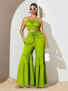Women's Sexy Elegant Solid Color Ruffle Bodycon Crop Top Sleeveless with Wide Leg Pants Set, Womenswear Summer Casual, Holiday Beachwear, Two-Piece Set