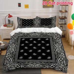 2D Flat 3Pcs Black Paisley Bedding, Boho Bed Set, Classic Bandana Pattern Duvet Cover with Pillowcases, Soft Microfiber Quilt for Bedroom & Dorm Room Decor, Trendy White Ethnic Design, All Season Comfort