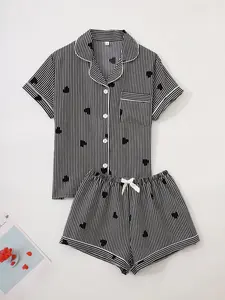 Women's Two-Piece Pajama Set, Casual Comfortable Loungewear Lapel Pocket Shirt Short Sleeve + Elastic Waist Shorts, All-Season Sleepwear