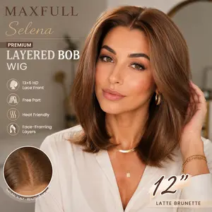 Selena - MaxFull Latte Brunette Bob Wig | Soft Taupe Dimension, Pre-Cut, 12 inches, 13×5 Skin-Melt HD Lace Front, Free Part, Realistic Faux Scalp, Face-Framing Layered Wig Old money Collection