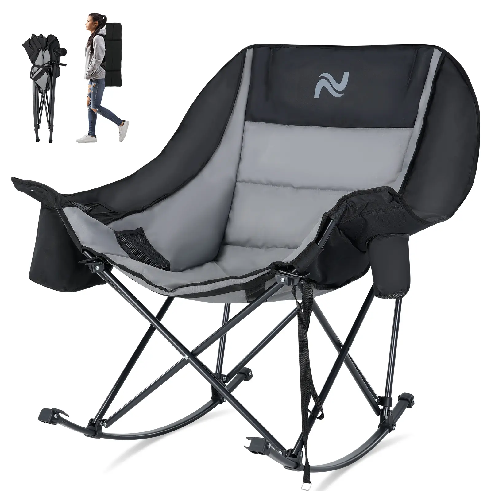 Lilypelle Oversized Rocking Camping Chair, Fully Padded Patio Chair with Cooler Bag&Cup Holder, High Back Portable Lawn Recliner with Headrest, Outdoor Camp Rocker Chairs for Adults Heavy Duty 400 LBS