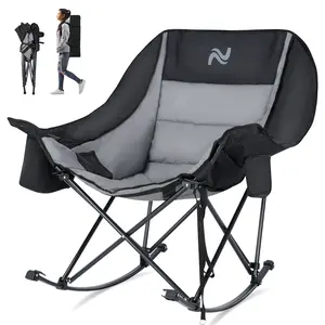 【Summervibes】Lilypelle Oversized Rocking Camping Chair, Fully Padded Patio Chair with Cooler Bag&Cup Holder, High Back Portable Lawn Recliner with Headrest, Outdoor Camp Rocker Chairs for Adults Heavy Duty 400 LBS