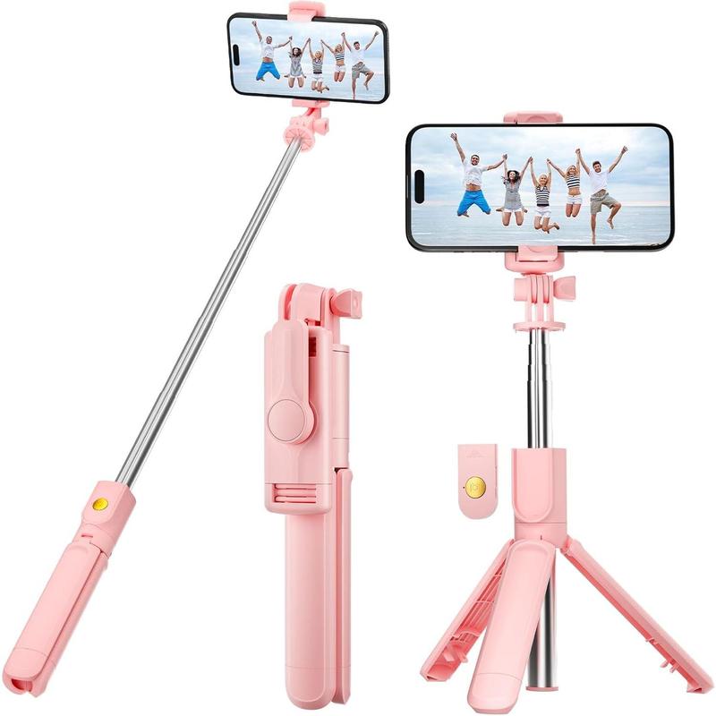 Pink Selfie Stick Tripod, with Wireless Remote Control, Live Streaming Video Recording, Compatible with Android, iPhone More
