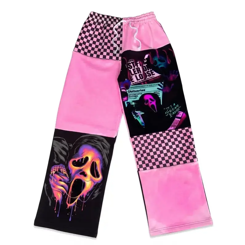Ghost Face Checkerboard Halloween Sweatpants, Horror Patchwork Jogger Pants, Spooky Streetwear Pants, Unisex Fall Winter Lounge Pants