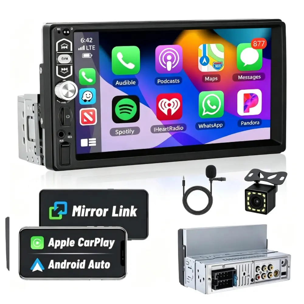 7 Inch Single Din Car Stereo with Wired Carplay Android Auto Bluetooth 5.1 Touchscreen Car Audio Stereo with Camera, Car radio Mirror Link SWC USB AUX TF Card and 12LED HD Backup Camera,Summer Vibes