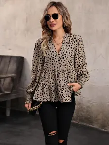 Women's Polka Dot Print Frill Trim Shirred Peplum Bishop Sleeve Blouse Shirts, Elegant Long Sleeve Notched Neck Top For Spring & Fall, Women's Clothes For Work Office Business, Casual Blouse