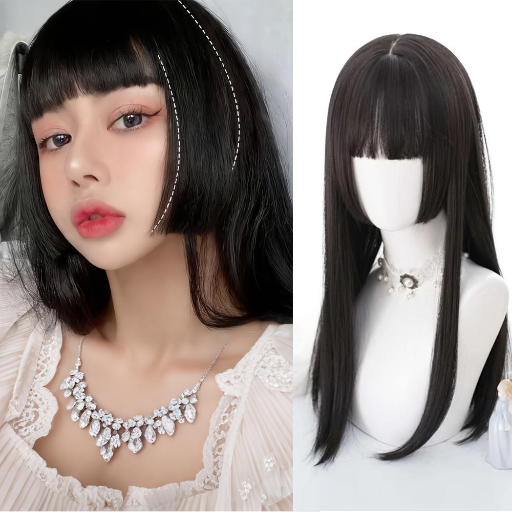 A Long, Sleek Black Wig Featuring Bangs, Designed in a Princess Cut Style.This -Looking Synthetic Hair Wig Is Perfect for Women, Suitable for Cosplay And Everyday Use, Including Parties, Christmas Celebrations, And Music Festivals