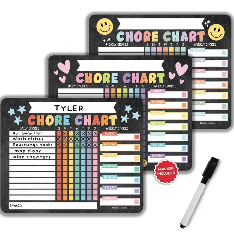 Hadley Designs Kids Chore Chart Set of 3 Magnetic 8x10 Dry Erase Reward Charts for Fridge, 3 Designs