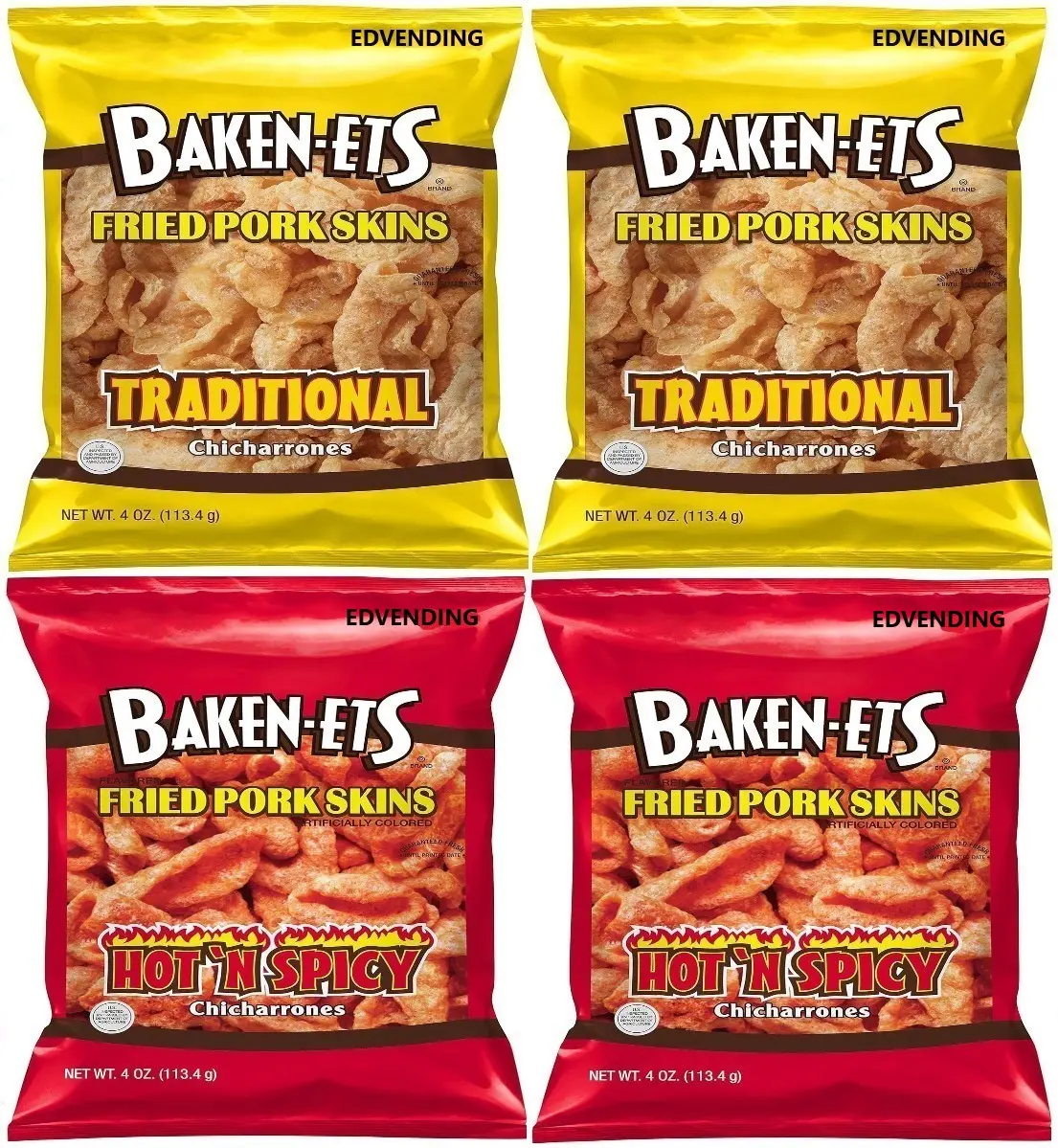 EDVENDING Fried Pork Skins Variety 4-Pack 2 Traditional 4 oz. & 2 Hot Spicy 4 oz. Crispy Crunchy Snack