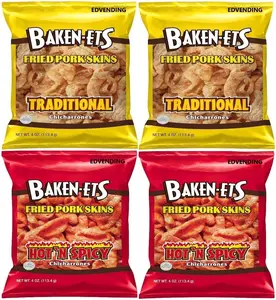 EDVENDING Fried Pork Skins Variety 4-Pack 2 Traditional 4 oz. & 2 Hot Spicy 4 oz. Crispy Crunchy Snack